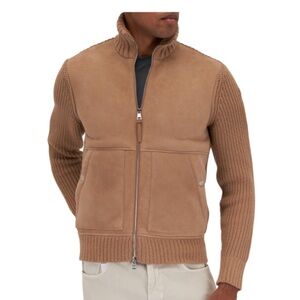 Moncler Tan Suede and Wool Zip Jacket Size XL